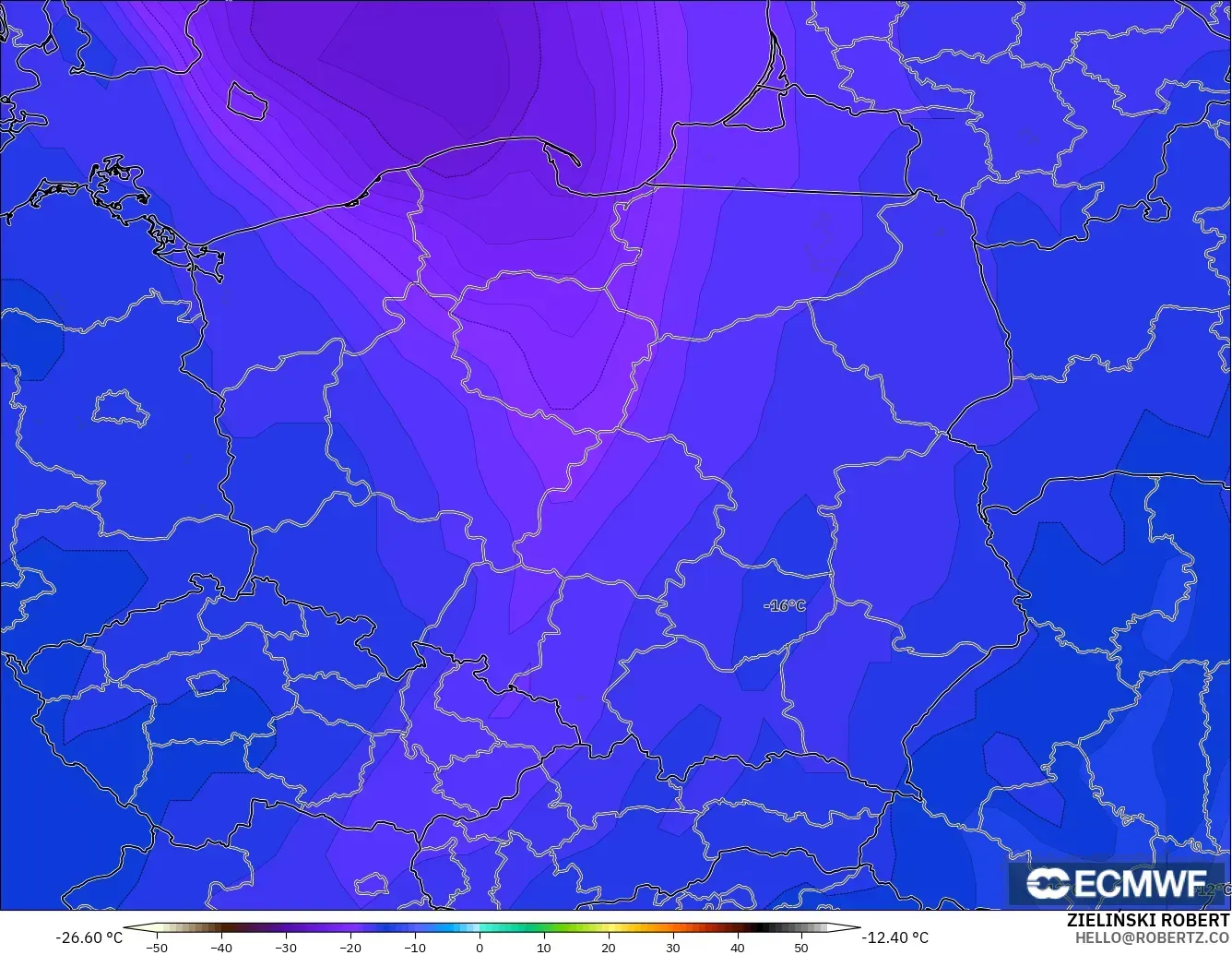 ECMWF IFS 0.25° model - Poland, Temperature at 500hPa