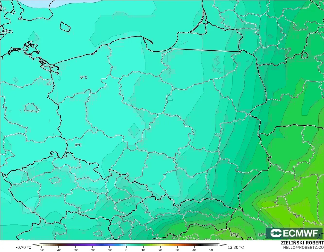 ECMWF IFS 0.25° model - Poland, Temperature at 850hPa