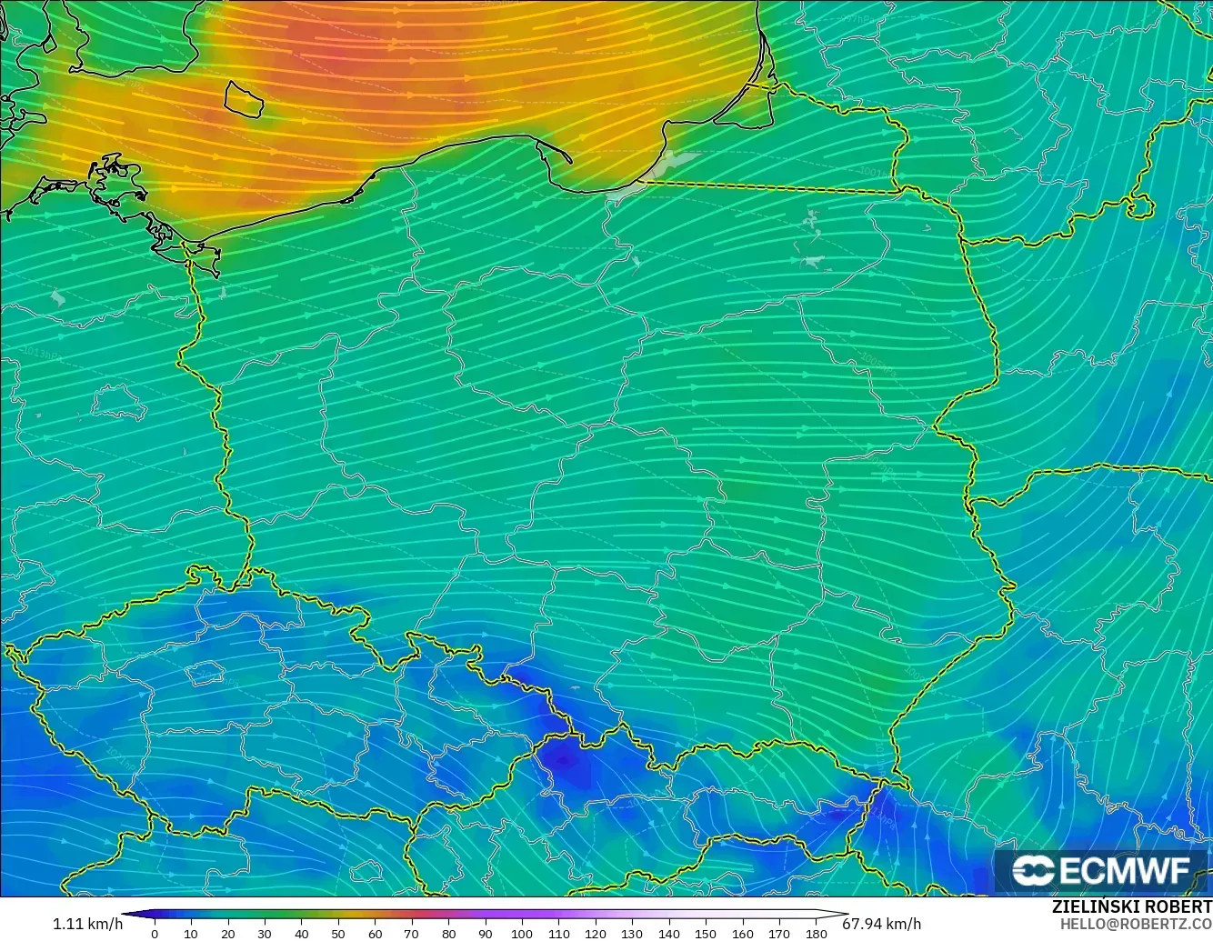 ECMWF IFS 0.25° model - Poland, Wind at 10m