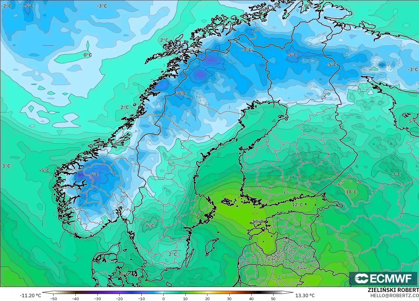 ECMWF IFS 0.25° model - Scandinavia, Dewpoint at 2m