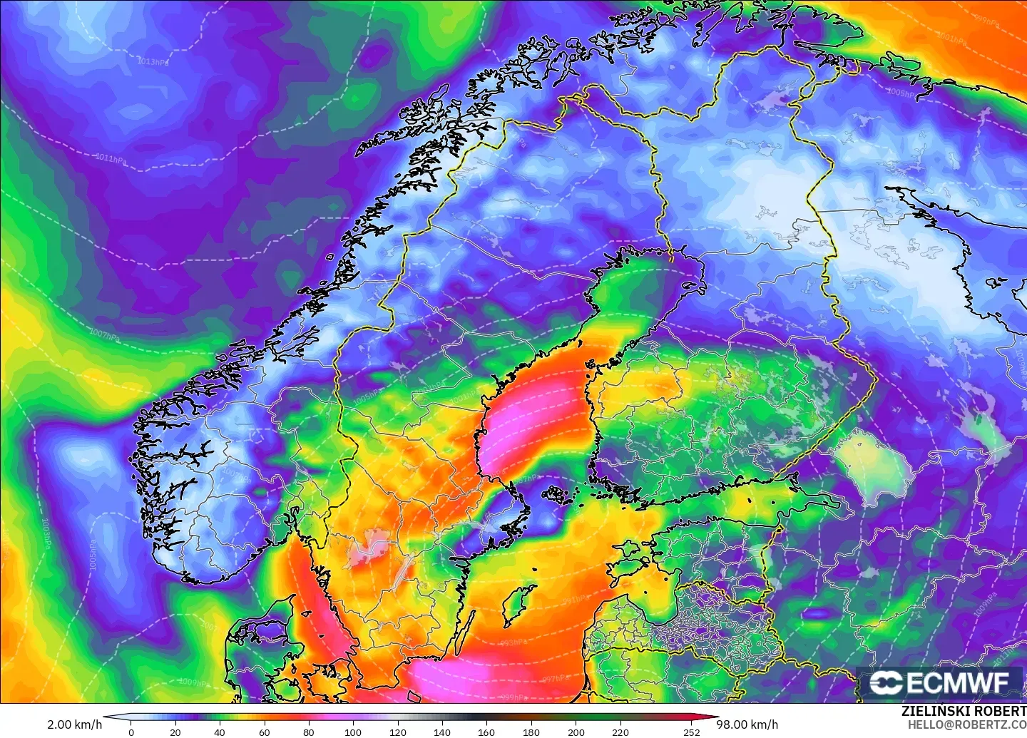 ECMWF IFS 0.25° model - Scandinavia, Wind Gusts