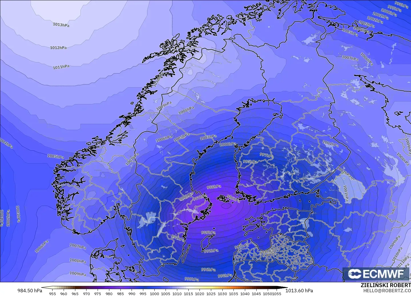 ECMWF IFS 0.25° model - Scandinavia, Pressure