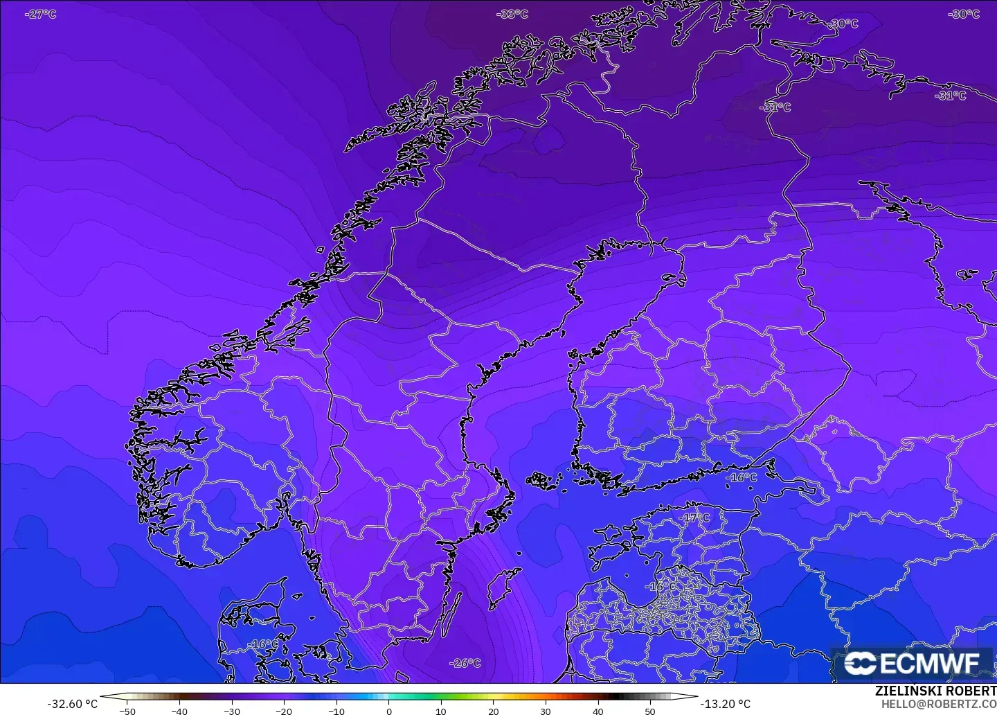 ECMWF IFS 0.25° model - Scandinavia, Temperature at 500hPa