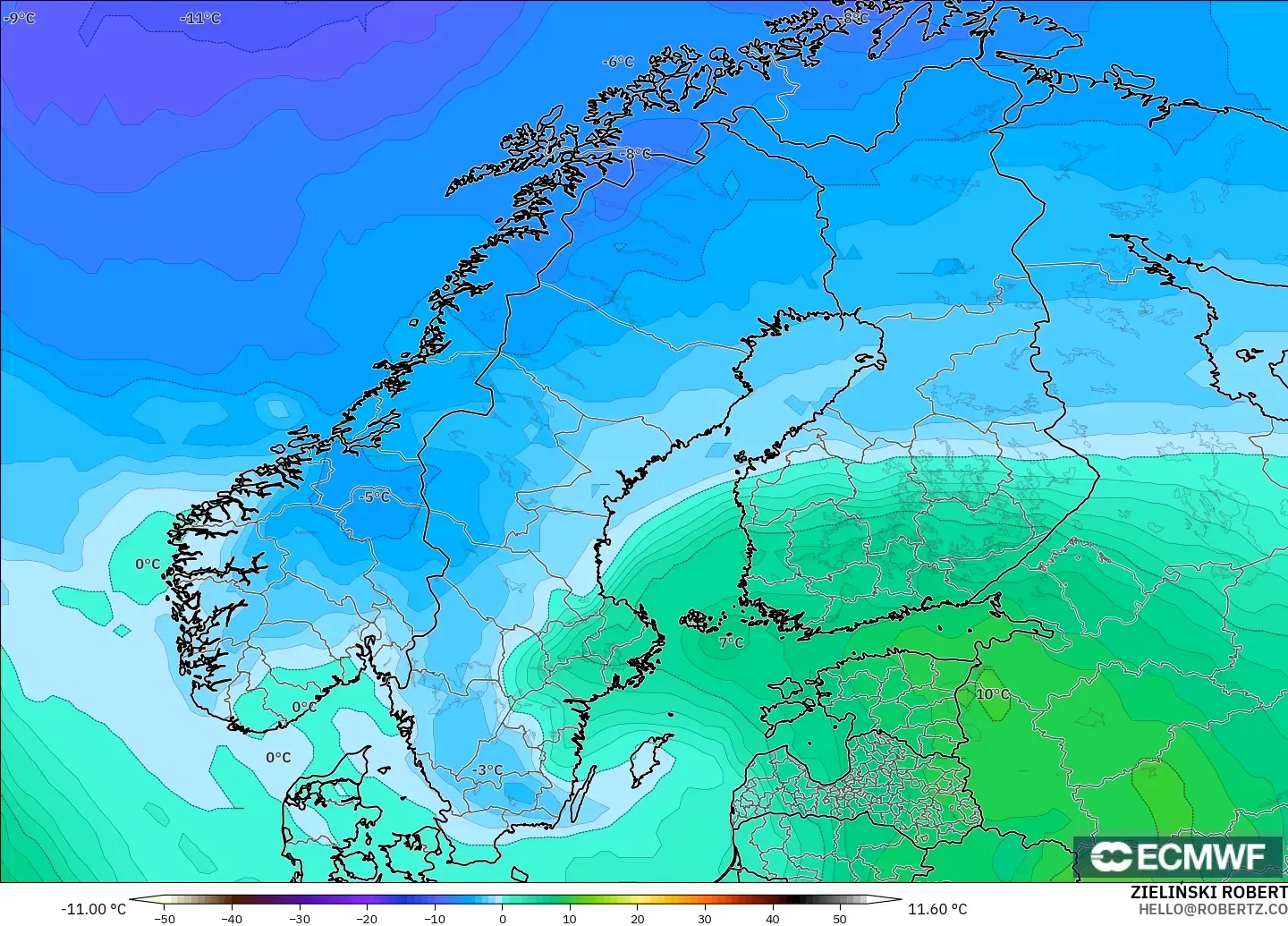 ECMWF IFS 0.25° model - Scandinavia, Temperature at 850hPa