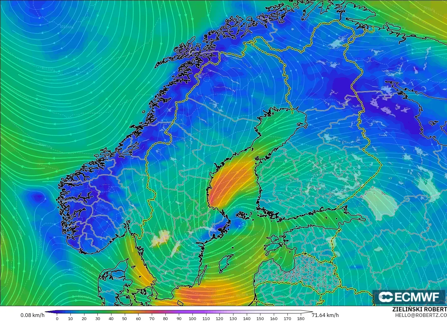 ECMWF IFS 0.25° model - Scandinavia, Wind at 10m