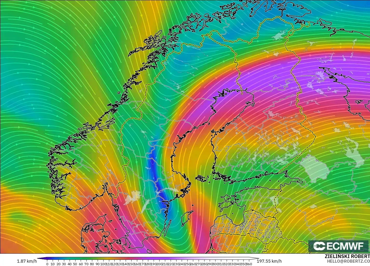 ECMWF IFS 0.25° model - Scandinavia, Wind at 300hPa (jet stream)