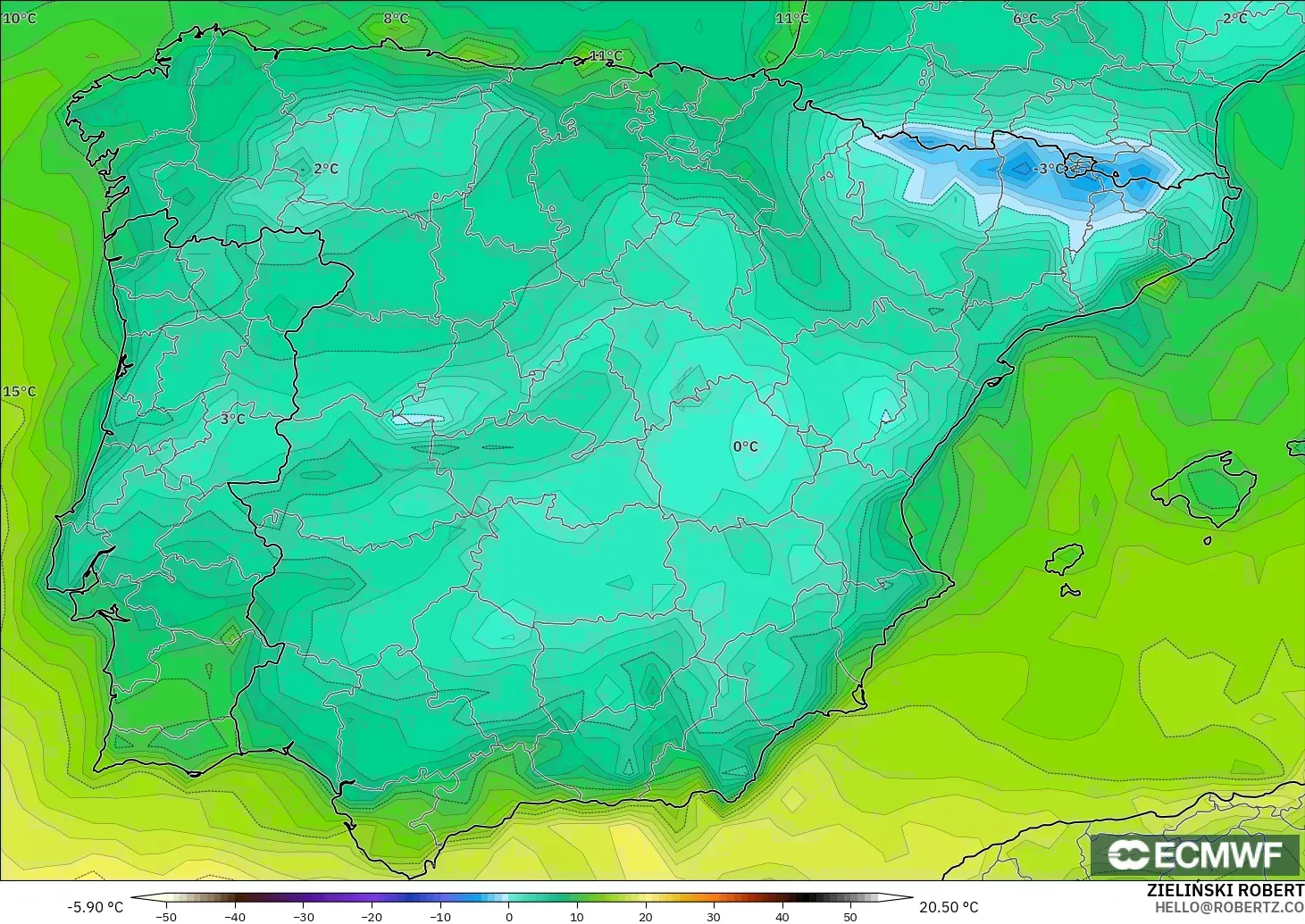 ECMWF IFS 0.25° model - Spain, Dewpoint at 2m