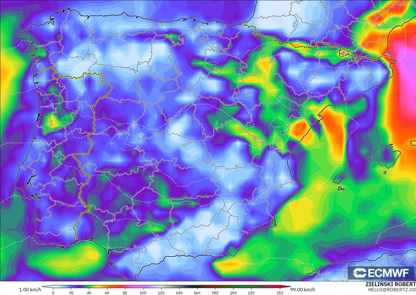 ECMWF IFS 0.25° model - Spain, Wind Gusts