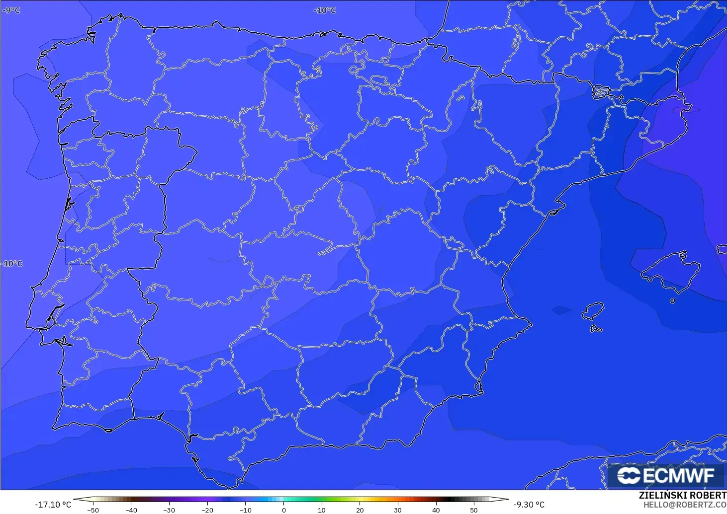 ECMWF IFS 0.25° model - Spain, Temperature at 500hPa