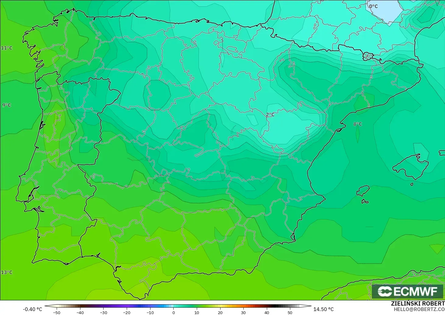 ECMWF IFS 0.25° model - Spain, Temperature at 850hPa