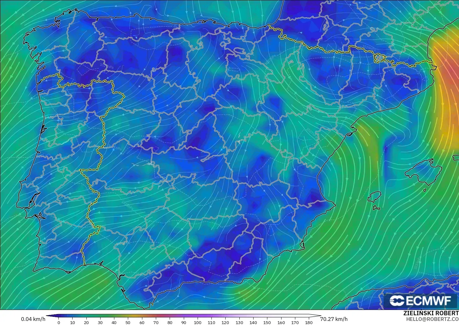 ECMWF IFS 0.25° model - Spain, Wind at 10m