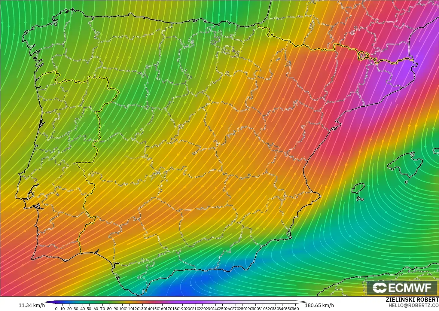 ECMWF IFS 0.25° model - Spain, Wind at 300hPa (jet stream)