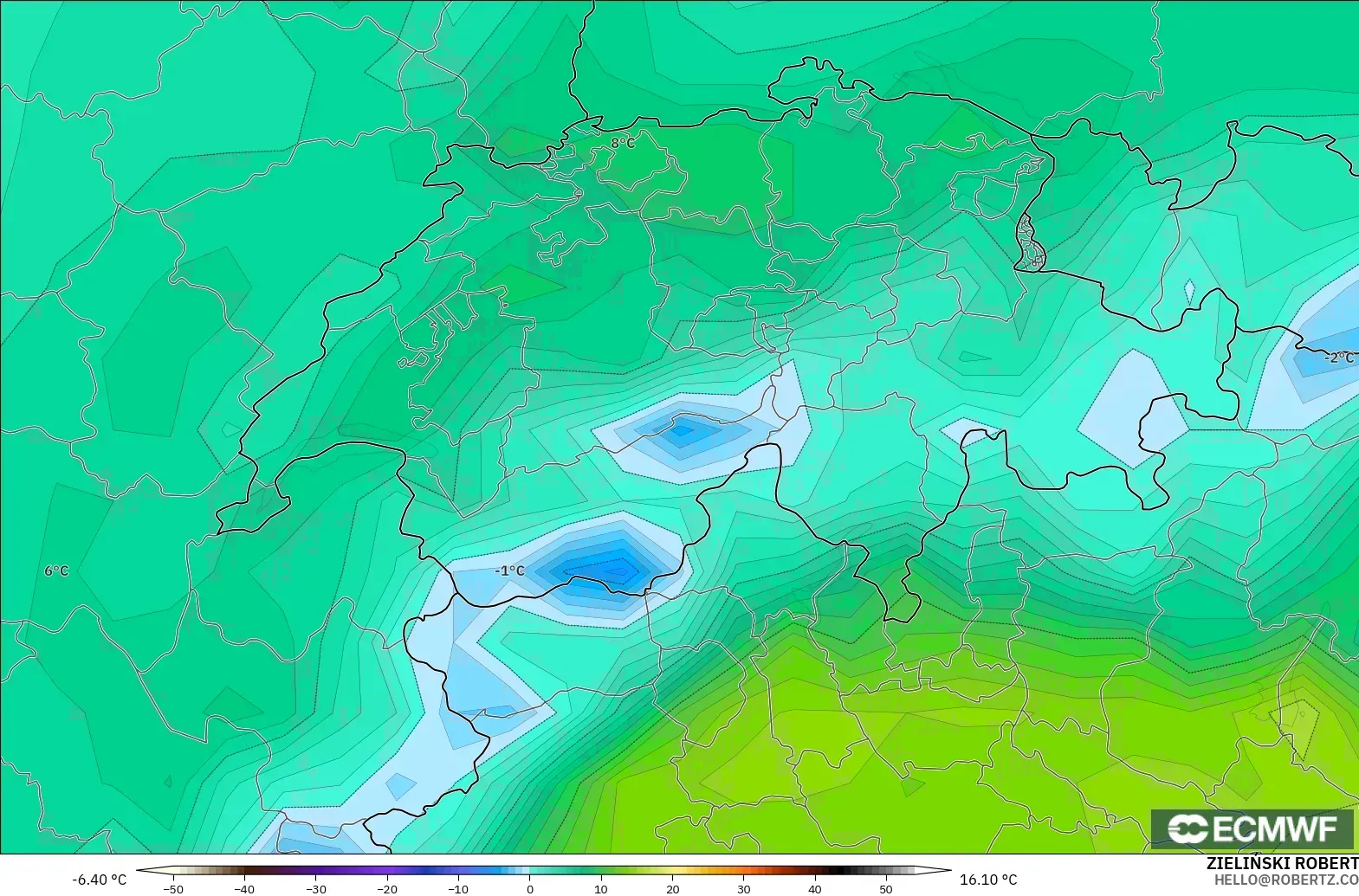 ECMWF IFS 0.25° model - Switzerland, Dewpoint at 2m