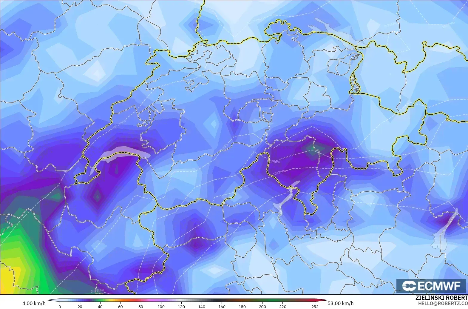 ECMWF IFS 0.25° model - Switzerland, Wind Gusts