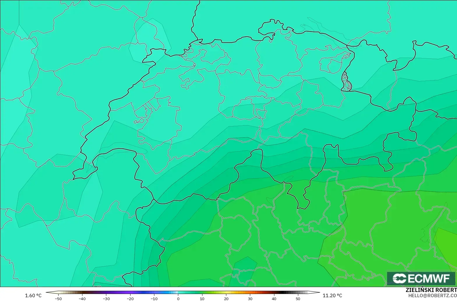ECMWF IFS 0.25° model - Switzerland, Temperature at 850hPa