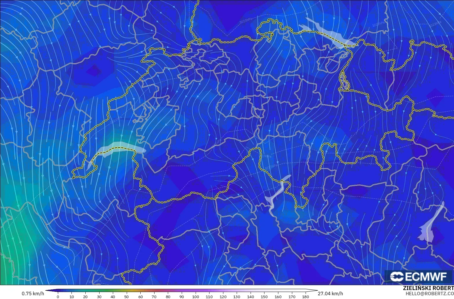 ECMWF IFS 0.25° model - Switzerland, Wind at 10m