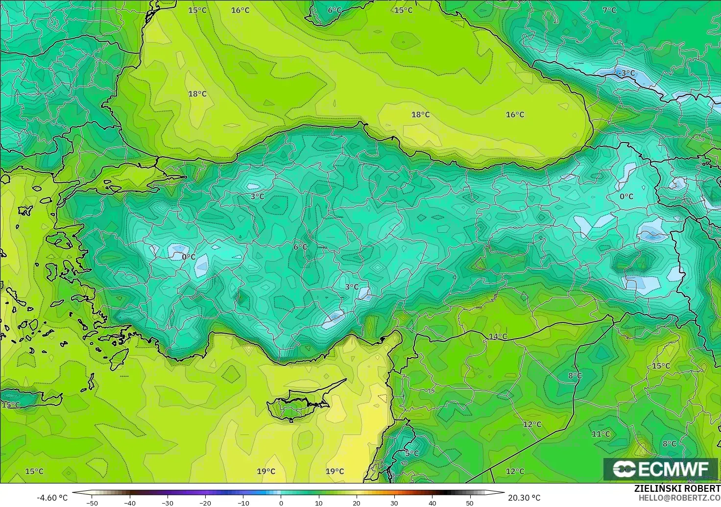 ECMWF IFS 0.25° model - Turkey, Dewpoint at 2m