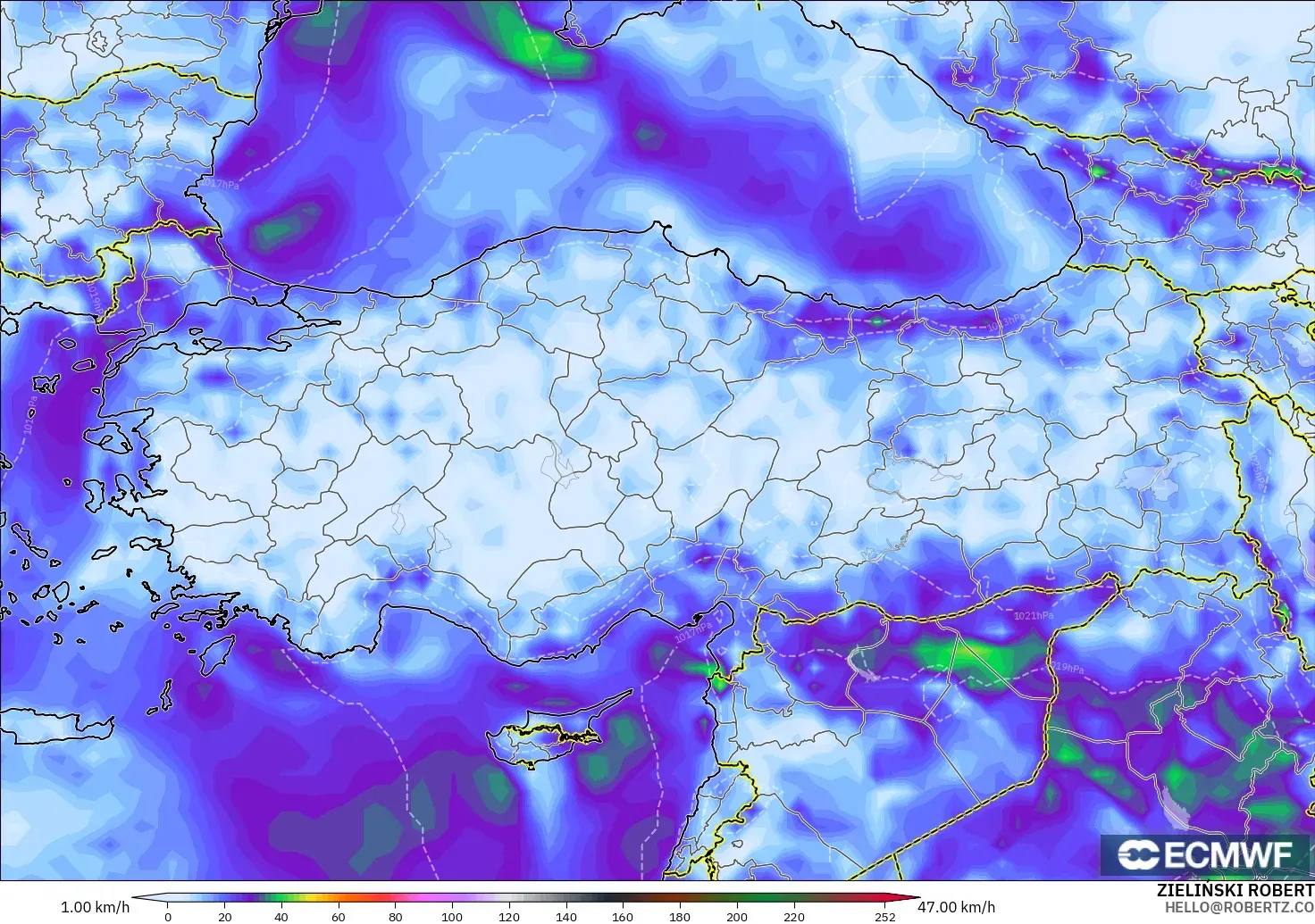 ECMWF IFS 0.25° model - Turkey, Wind Gusts Peak