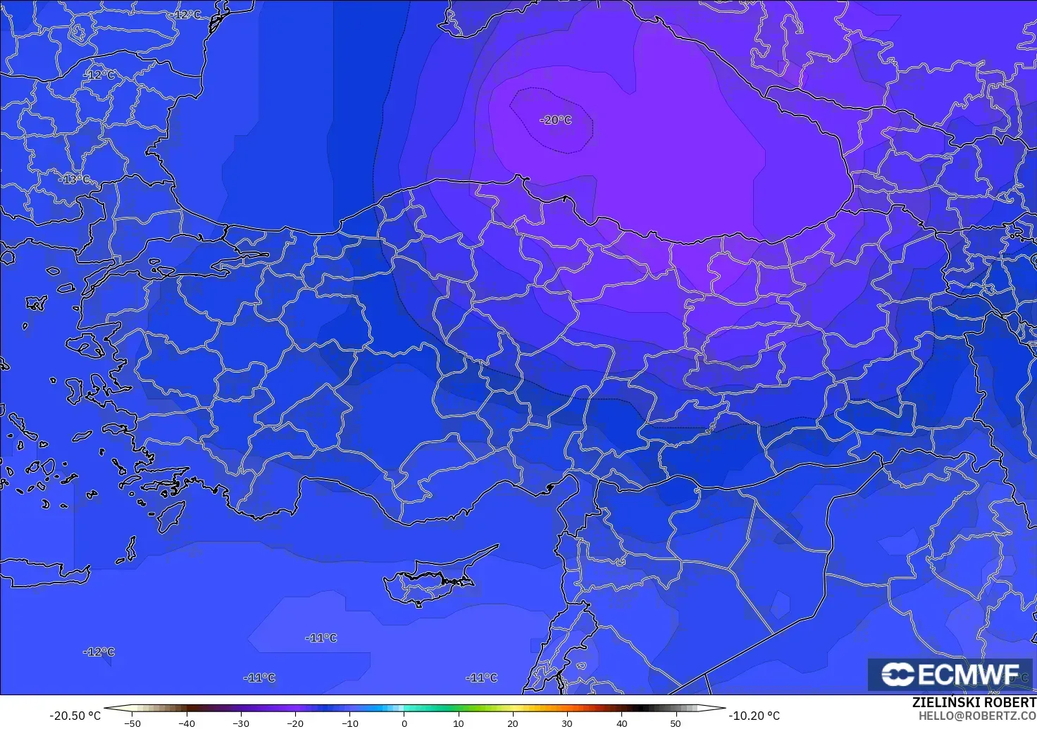 ECMWF IFS 0.25° model - Turkey, Temperature at 500hPa
