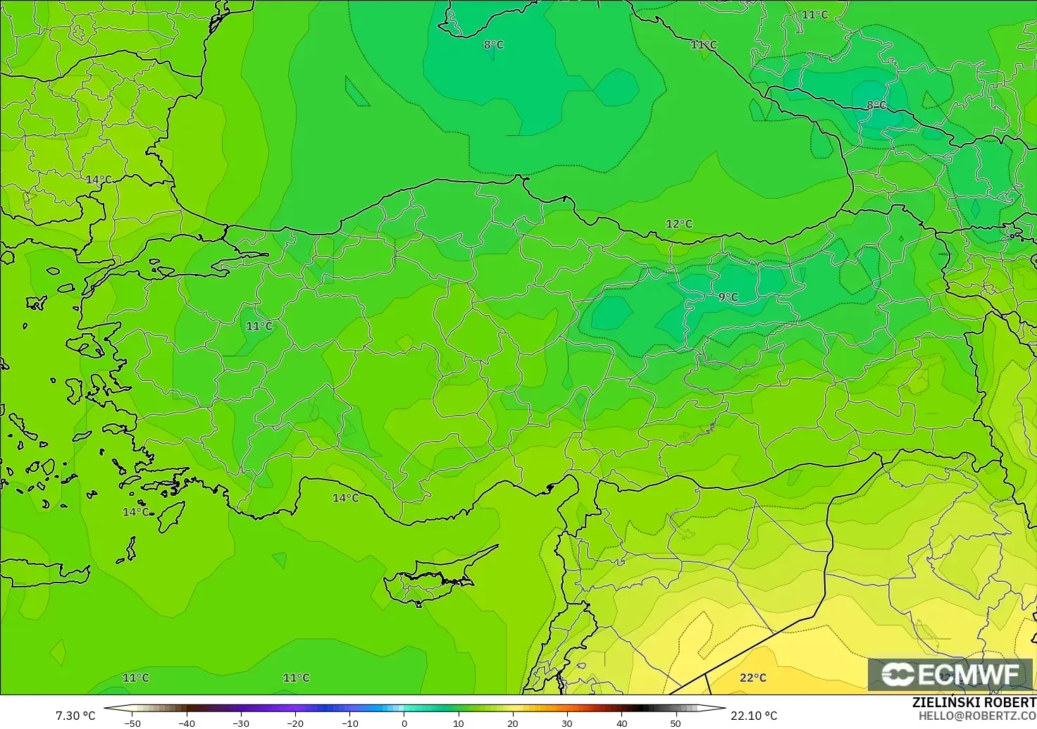 ECMWF IFS 0.25° model - Turkey, Temperature at 850hPa