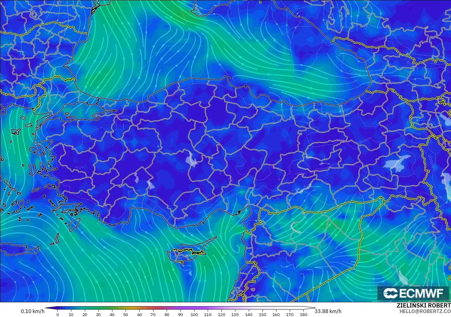 ECMWF IFS 0.25° model - Turkey, Wind at 10m