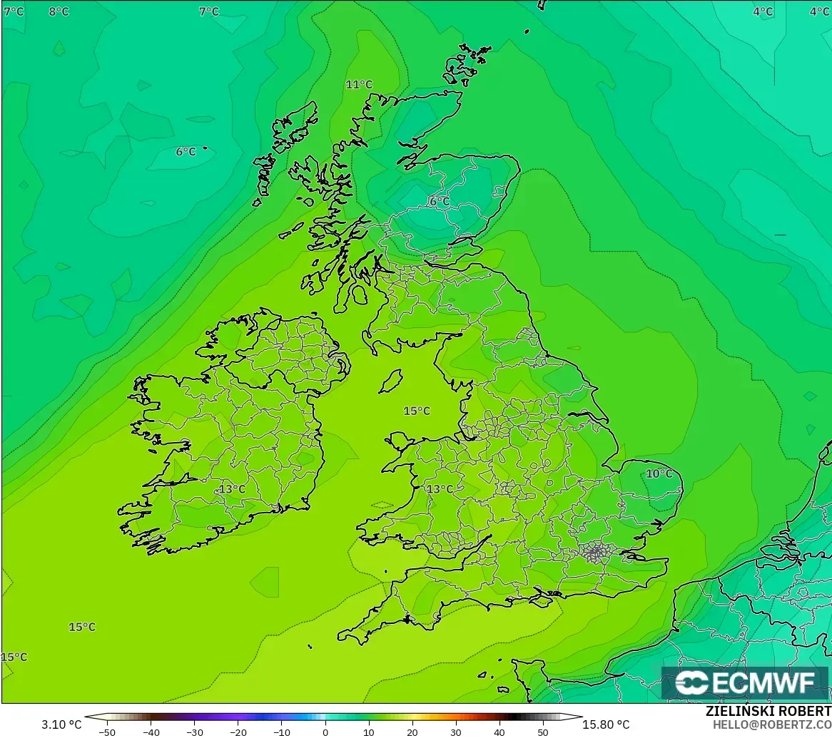 ECMWF IFS 0.25° model - United Kingdom, Dewpoint at 2m