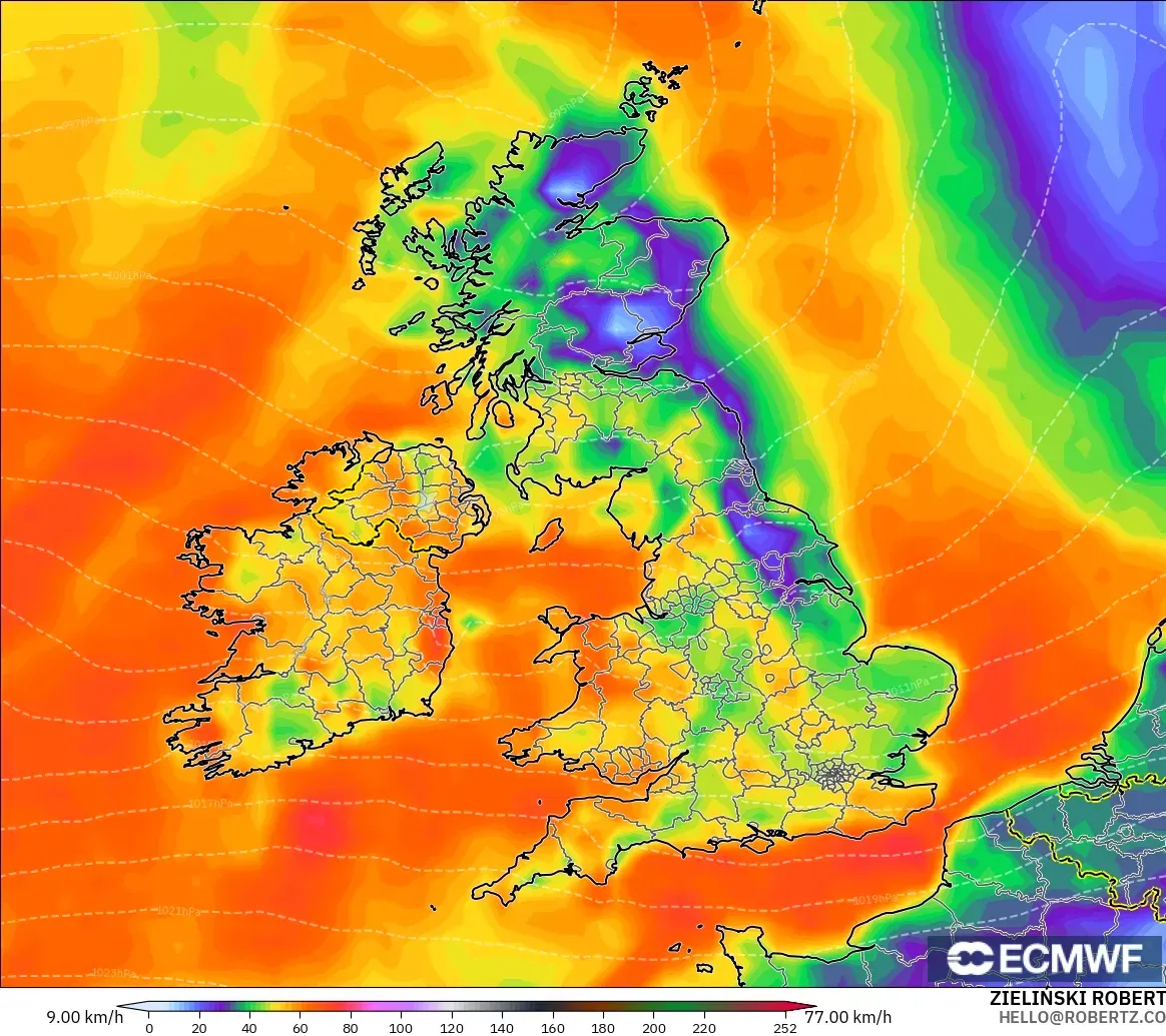 ECMWF IFS 0.25° model - United Kingdom, Wind Gusts