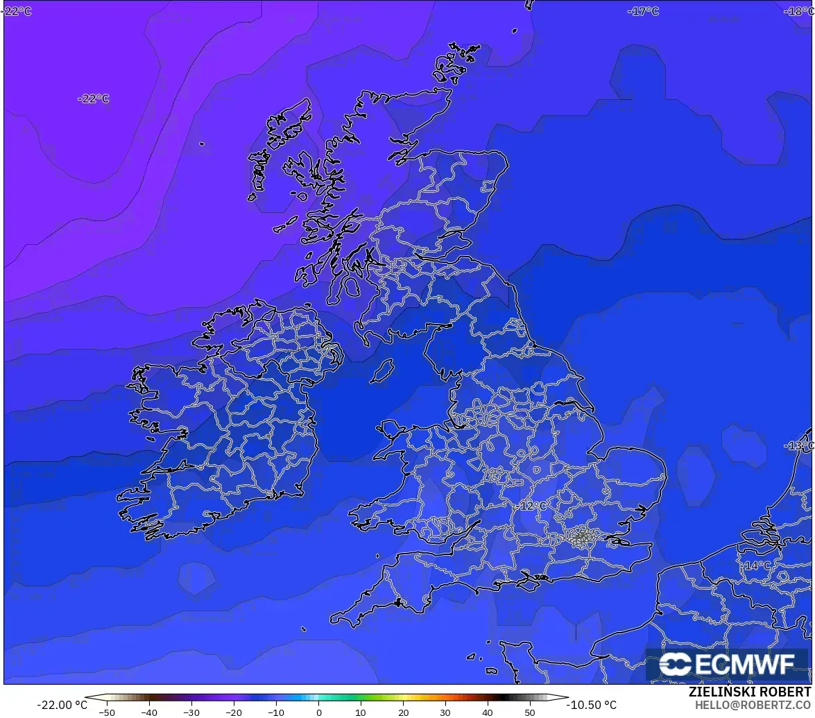 ECMWF IFS 0.25° model - United Kingdom, Temperature at 500hPa