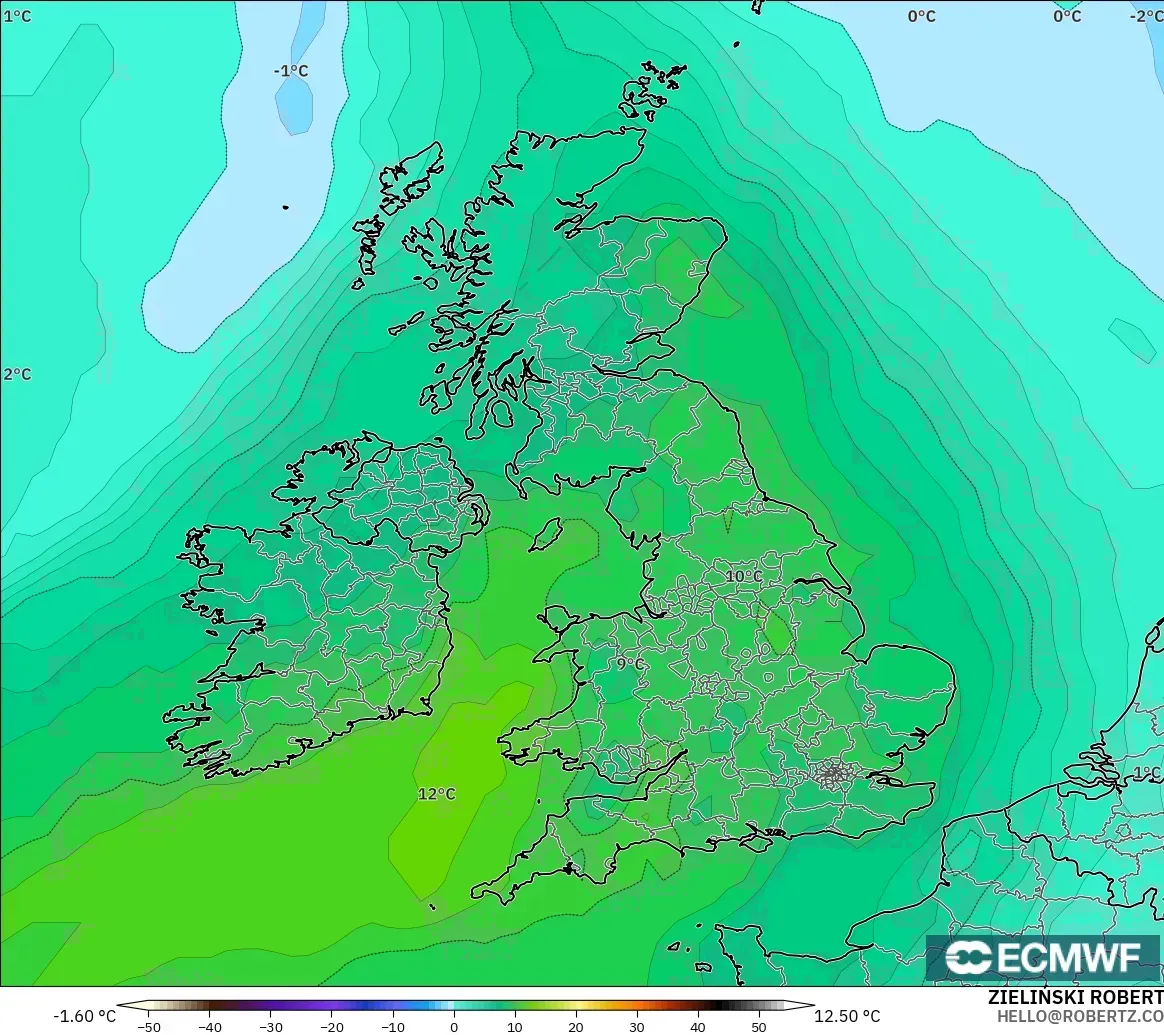 ECMWF IFS 0.25° model - United Kingdom, Temperature at 850hPa