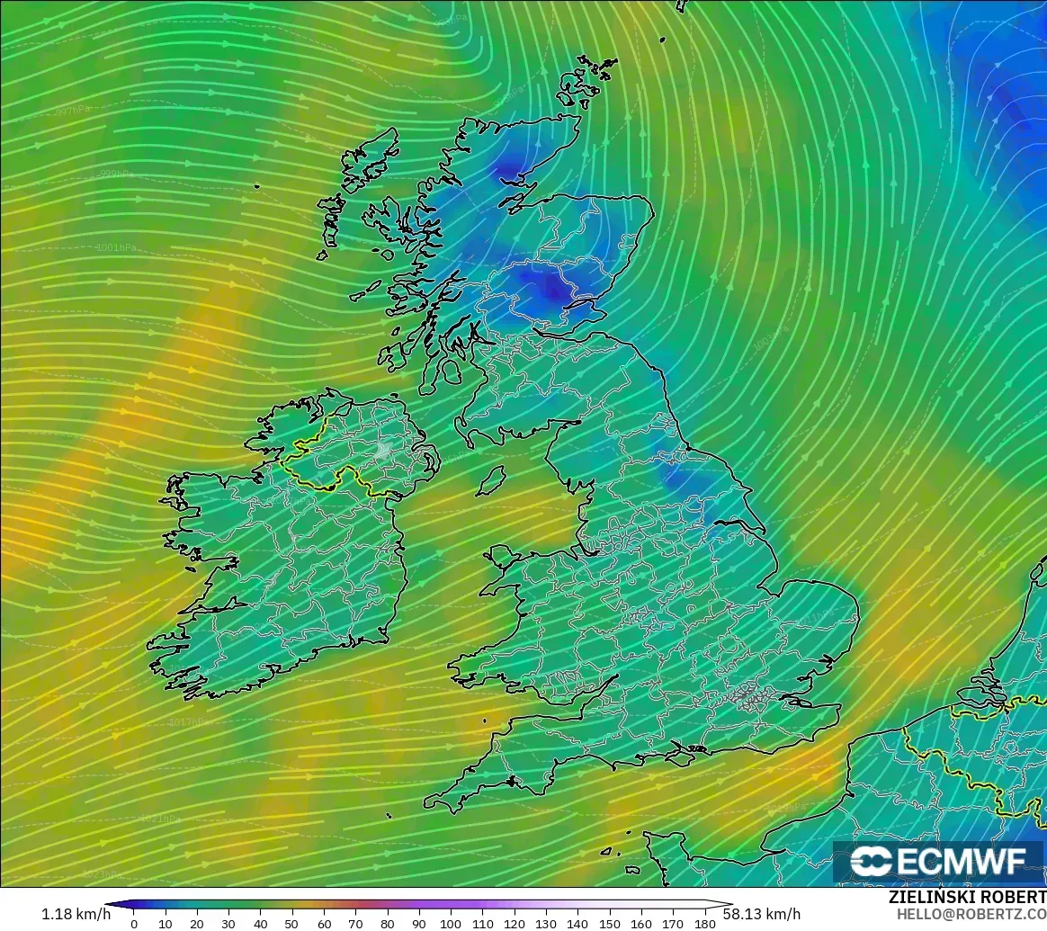 ECMWF IFS 0.25° model - United Kingdom, Wind at 10m