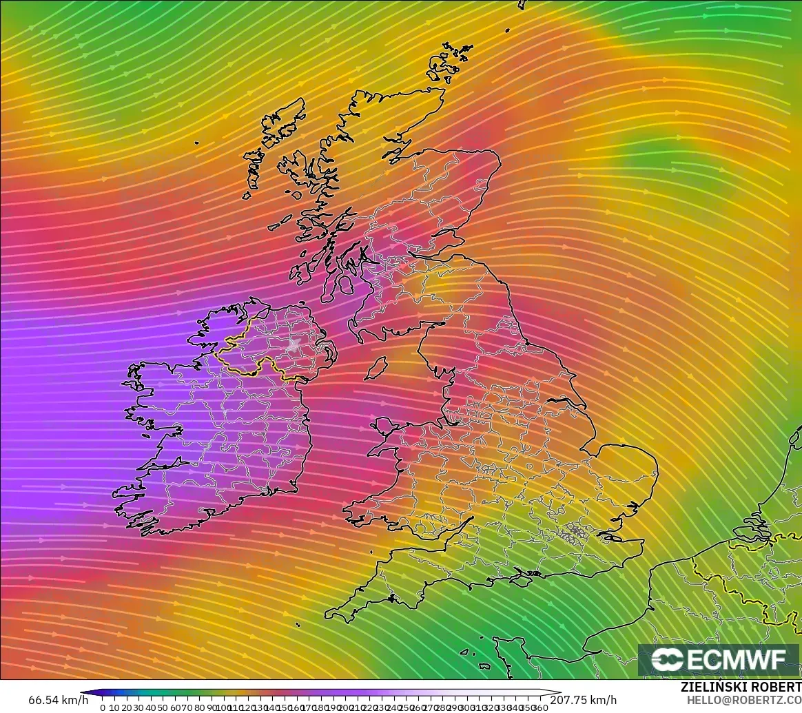 ECMWF IFS 0.25° model - United Kingdom, Wind at 300hPa (jet stream)