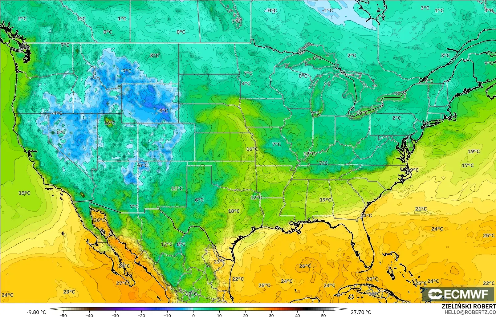 ECMWF IFS 0.25° model - United States, Dewpoint at 2m