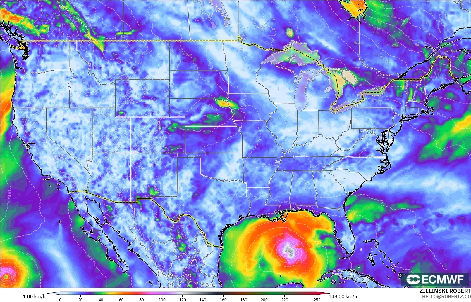ECMWF IFS 0.25° model - United States, Wind Gusts