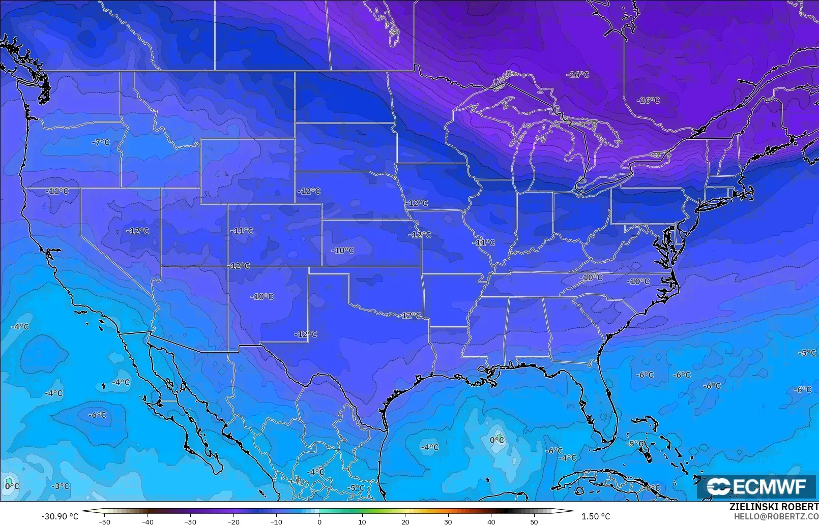 ECMWF IFS 0.25° model - United States, Temperature at 500hPa