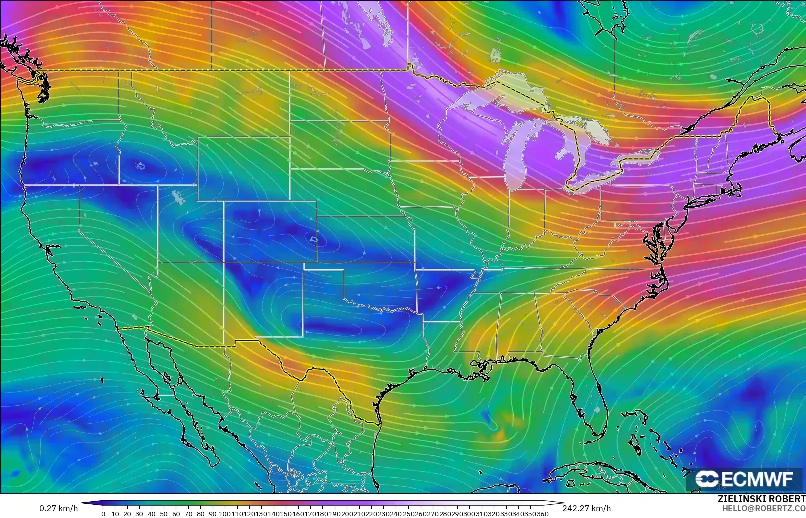 ECMWF IFS 0.25° model - United States, Wind at 300hPa (jet stream)