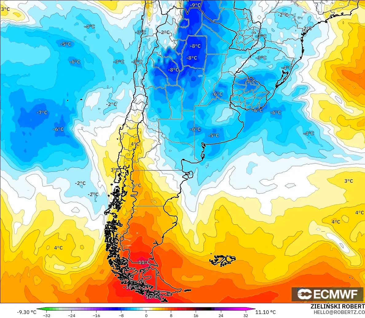 ECMWF IFS 0.25° model - Argentina, Temperature at 850hPa Anomaly