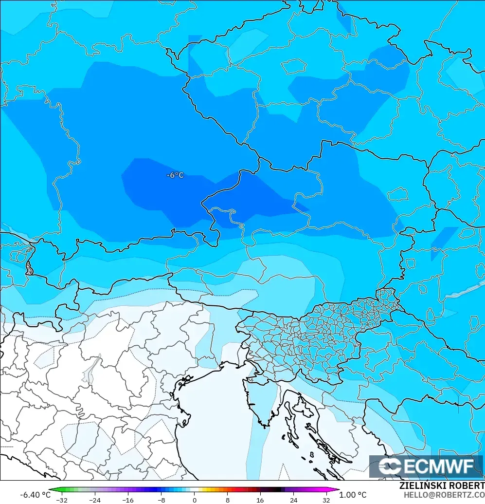 ECMWF IFS 0.25° model - Austria, Temperature at 850hPa Anomaly