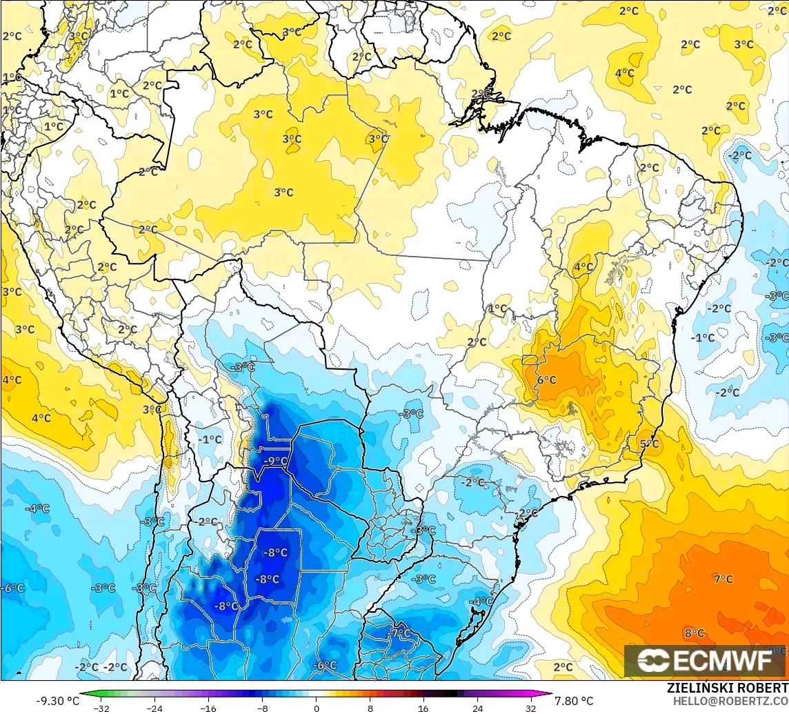 ECMWF IFS 0.25° model - Brazil, Temperature at 850hPa Anomaly