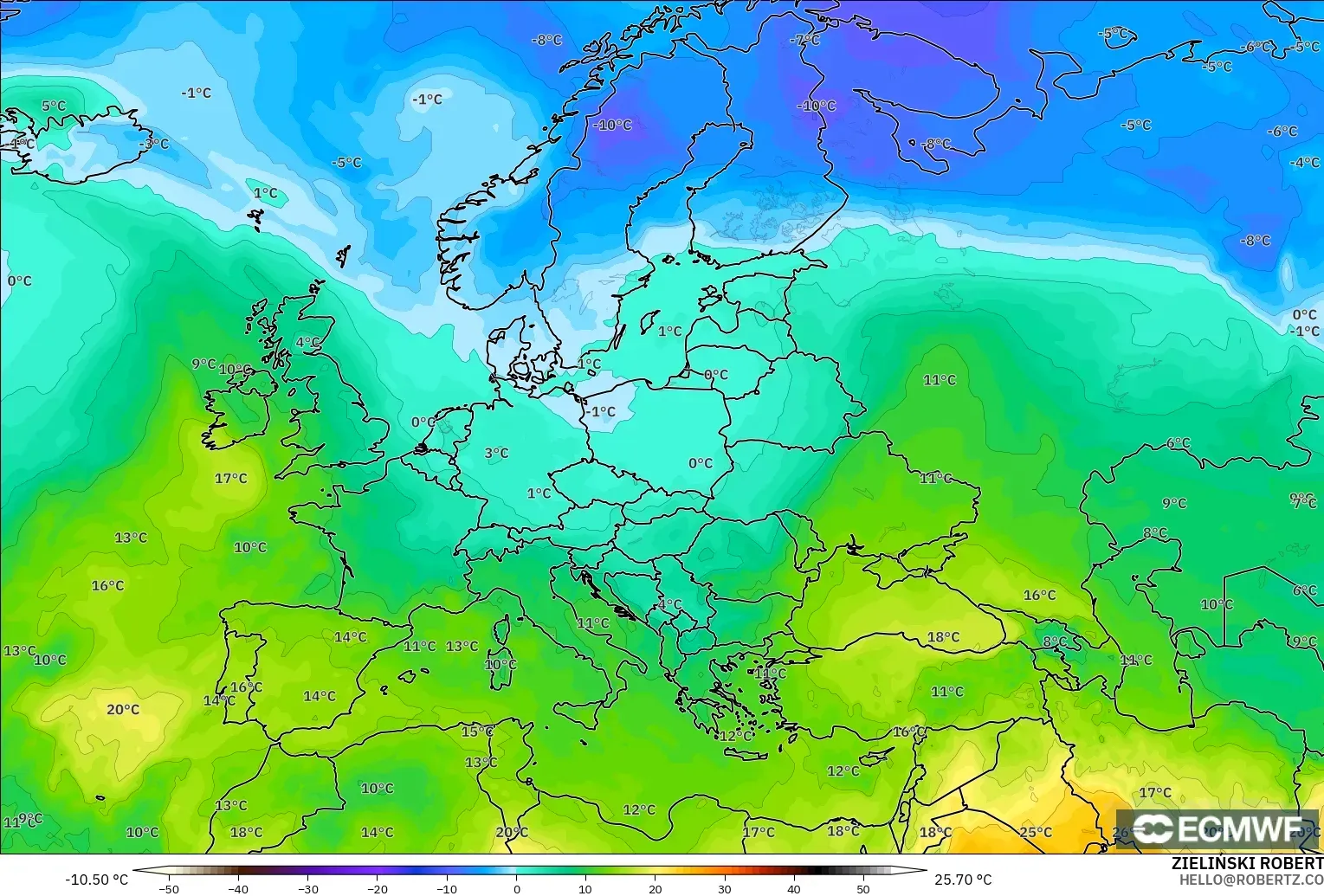 ECMWF IFS 0.25° model - Europe, Temperature at 850hPa