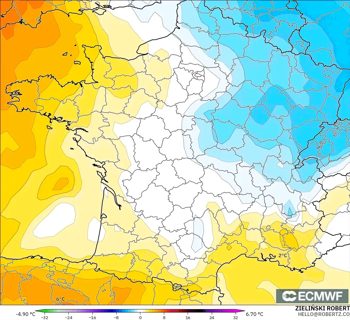 ECMWF IFS 0.25° model - France, Temperature at 850hPa Anomaly