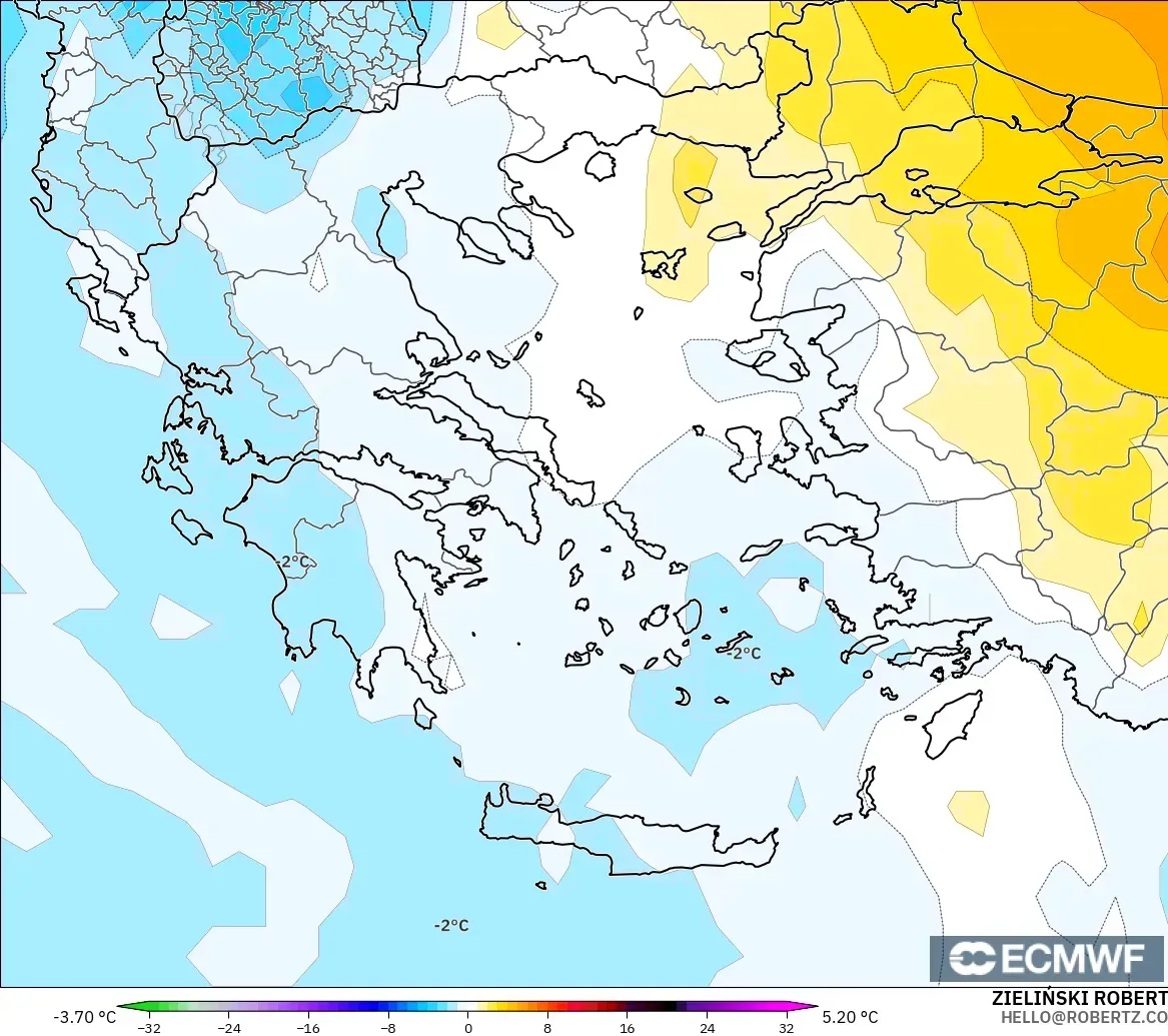 ECMWF IFS 0.25° model - Greece, Temperature at 850hPa Anomaly
