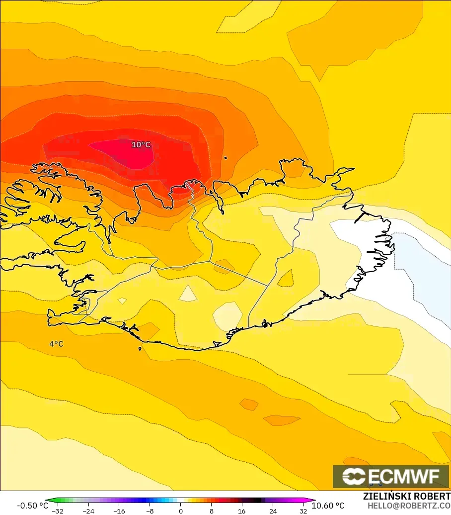ECMWF IFS 0.25° model - Iceland, Temperature at 850hPa Anomaly