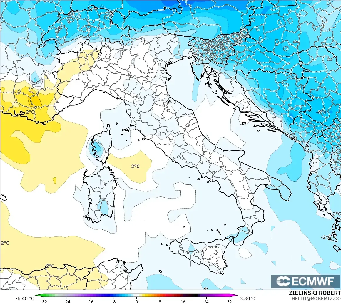 ECMWF IFS 0.25° model - Italy, Temperature at 850hPa Anomaly