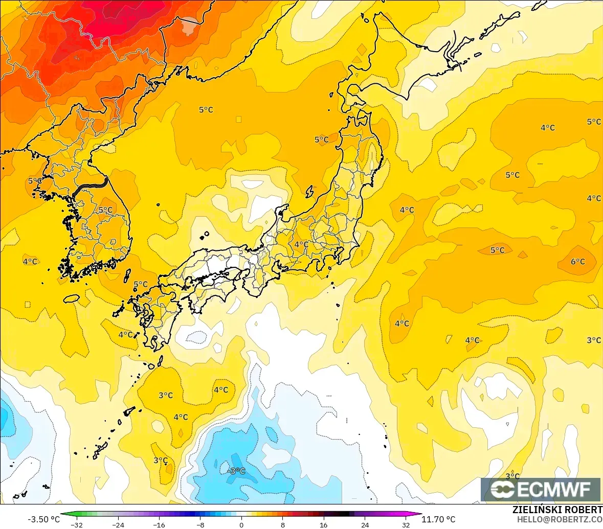 ECMWF IFS 0.25° model - Japan, Temperature at 850hPa Anomaly