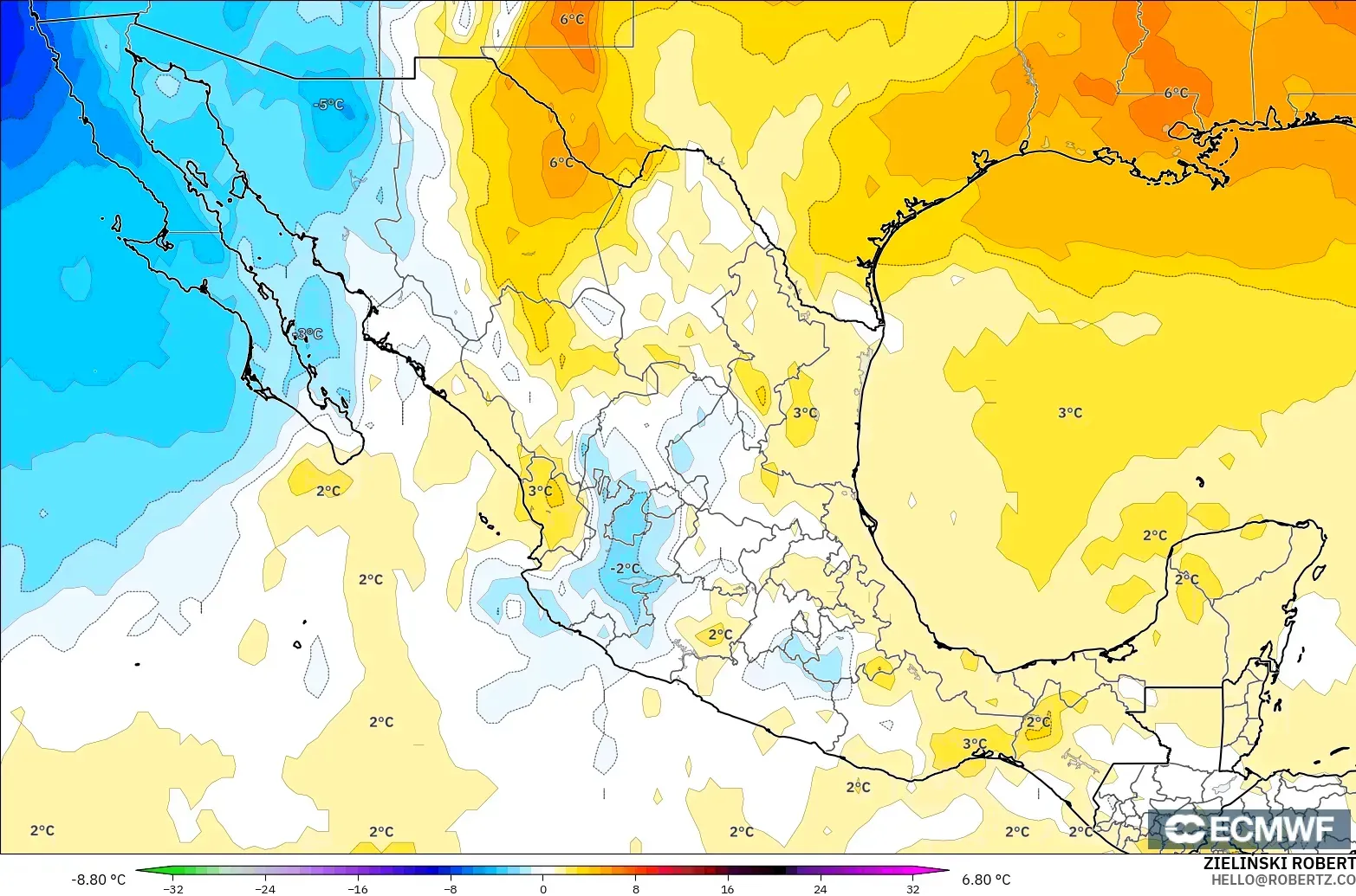 ECMWF IFS 0.25° model - Mexico, Temperature at 850hPa Anomaly