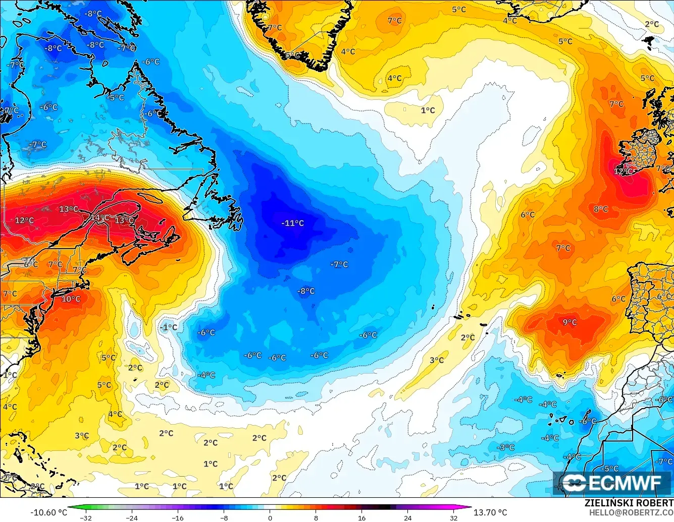 ECMWF IFS 0.25° model - North Atlantic, Temperature at 850hPa Anomaly