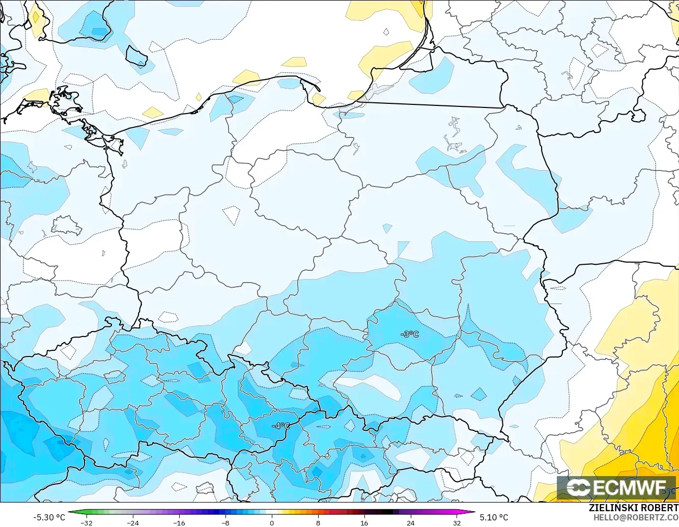 ECMWF IFS 0.25° model - Poland, Temperature at 2m Anomaly