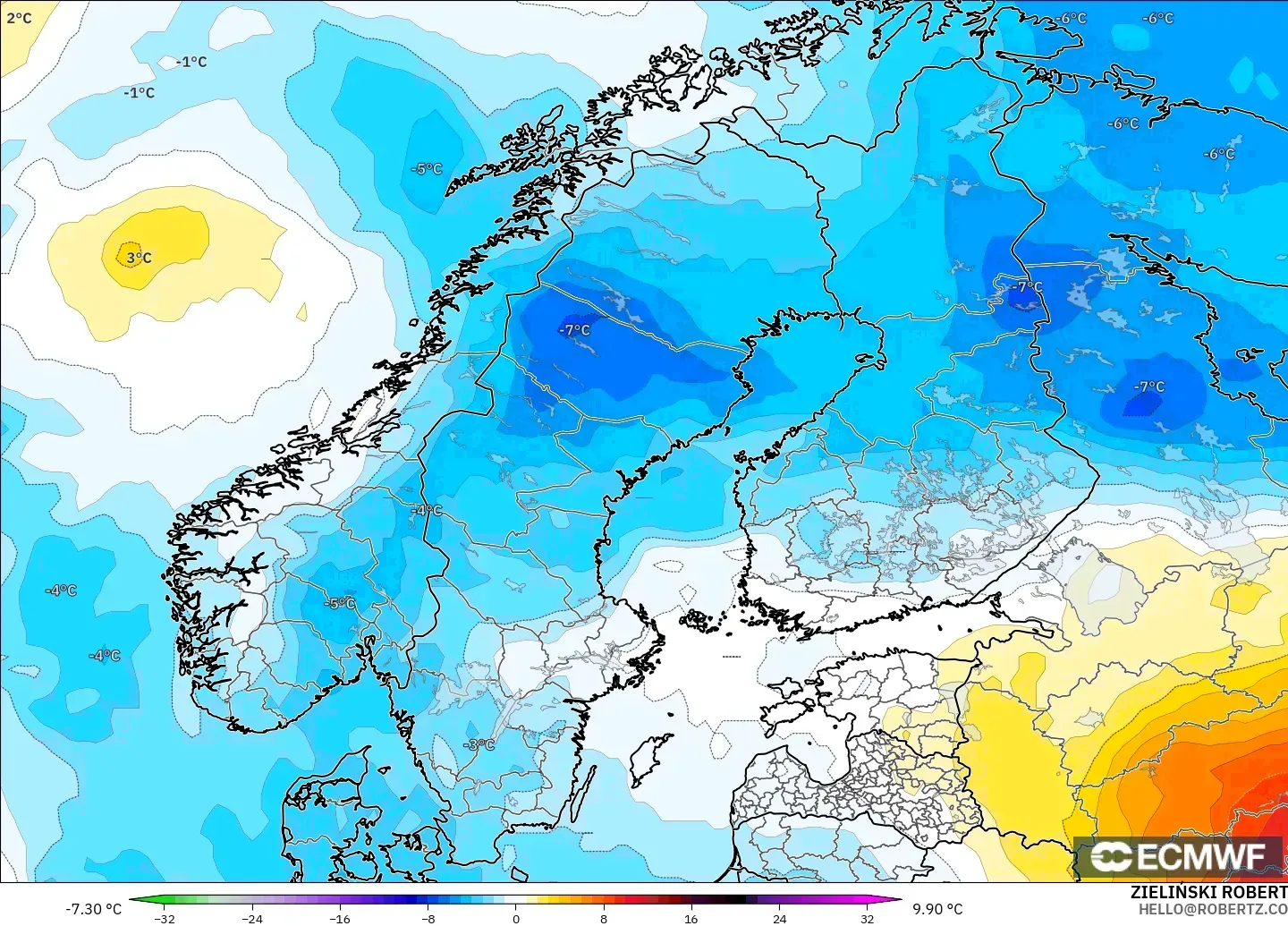 ECMWF IFS 0.25° model - Scandinavia, Temperature at 850hPa Anomaly