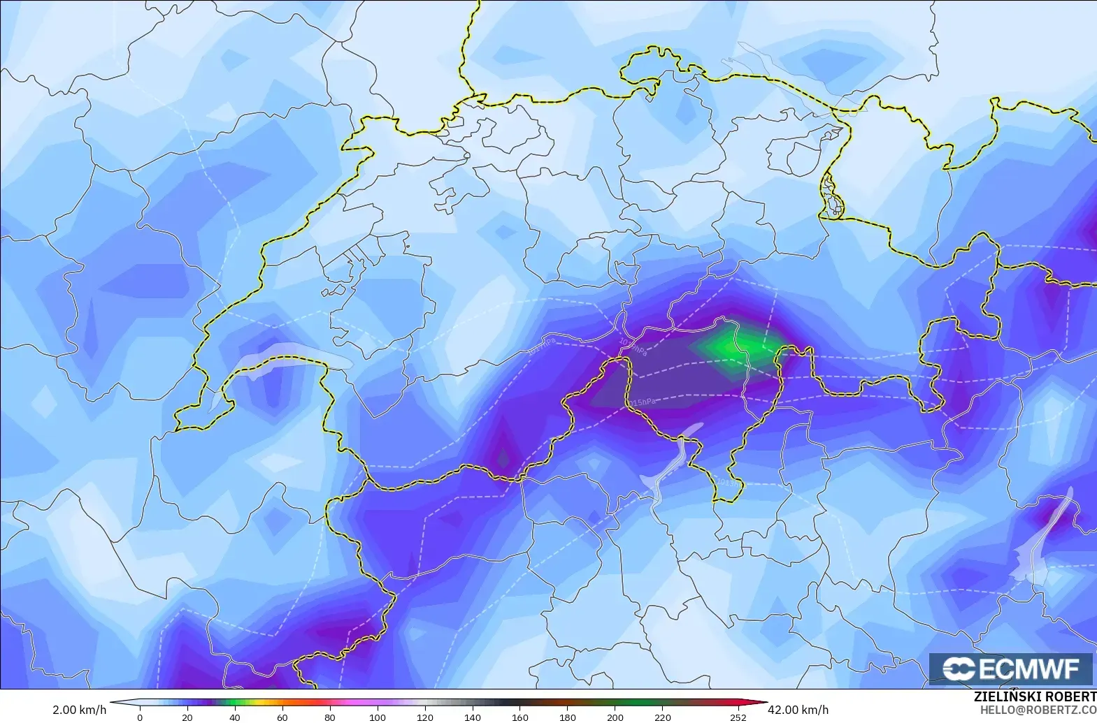 ECMWF IFS 0.25° model - Switzerland, Wind Gusts Peak