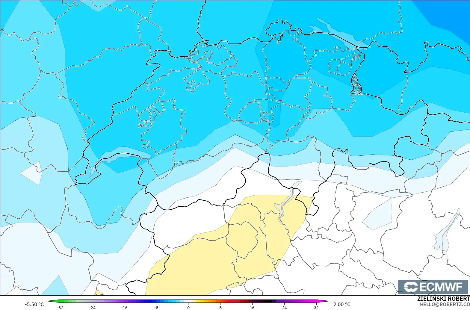 ECMWF IFS 0.25° model - Switzerland, Temperature at 850hPa Anomaly